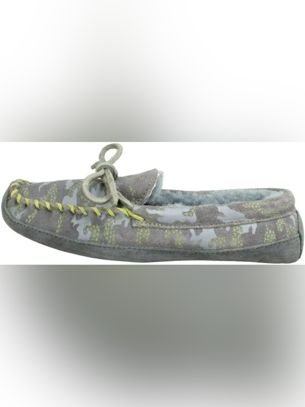 Kids Gray Suede Moccasin Slipper with Lime Accents